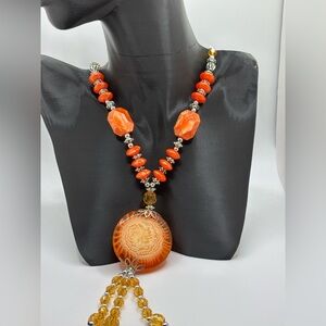 Orange Beaded Necklace with Silver Accents